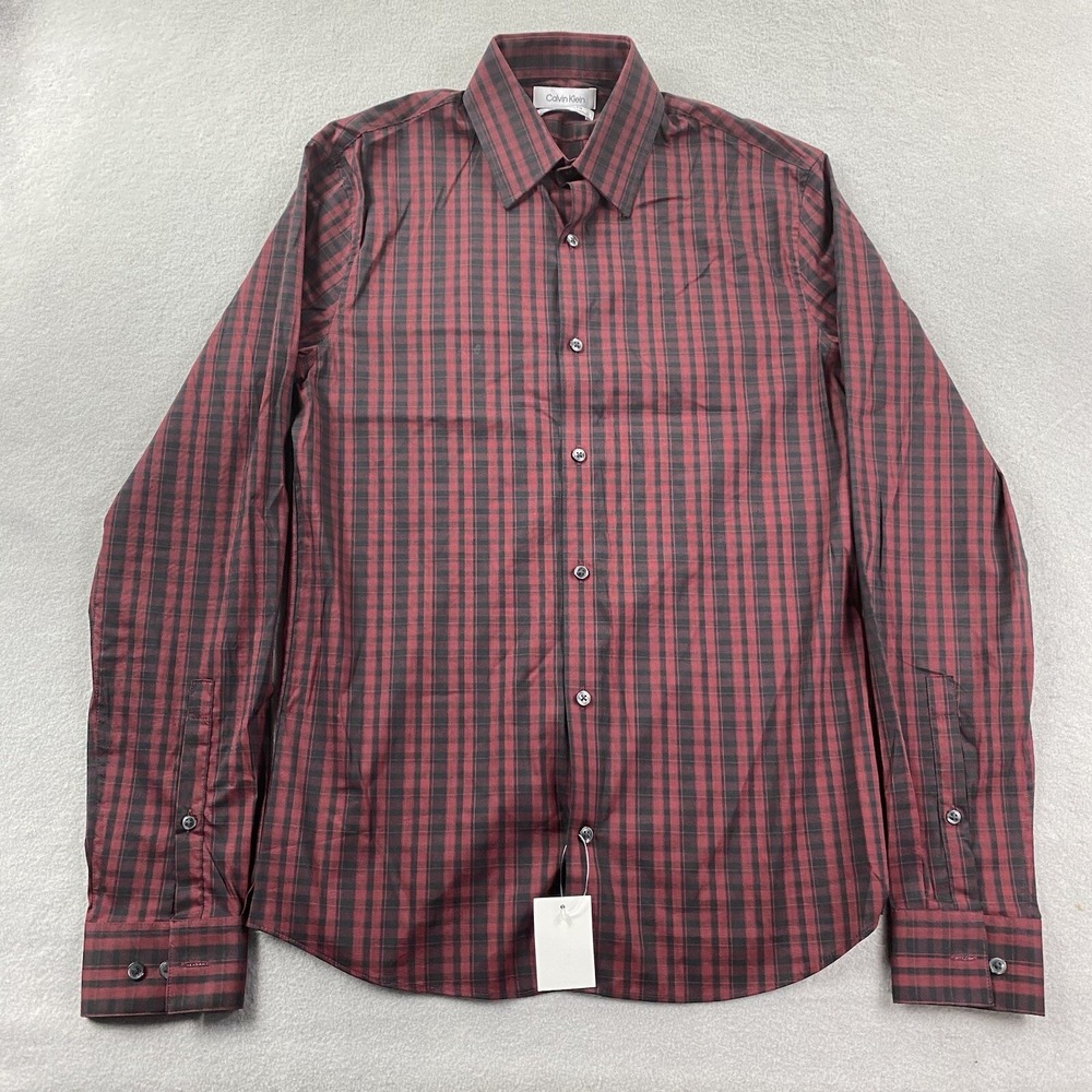 Calvin Klein Shirt Mens Small Red Plaid Button Up Extra Slim Fit Stain Shield